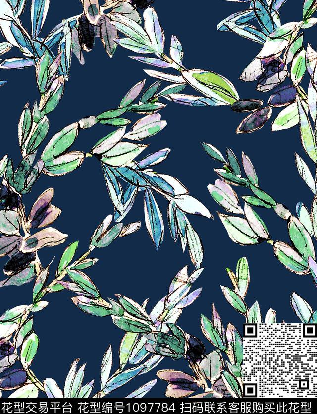 绿植树叶热带华亿平台手绘花卉数码印花华亿平台下载（图片编号: 1097784） - 瓦栏（Walan）