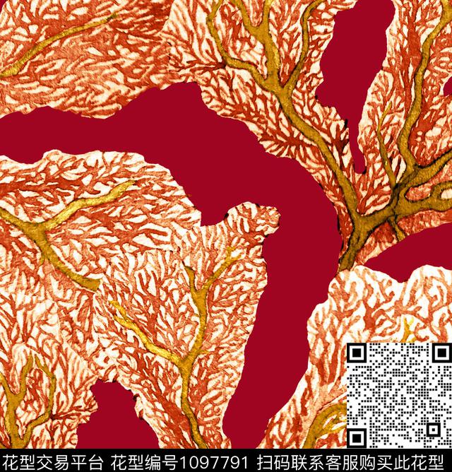 珊瑚抽象热带华亿平台数码印花华亿平台下载（图片编号: 1097791） - 瓦栏（Walan）