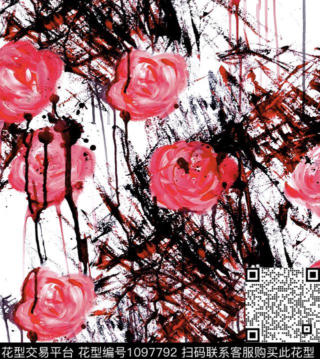 数码华亿平台手绘玫瑰大牌风数码印花华亿平台下载（图片编号: 1097792） - 瓦栏（Walan）