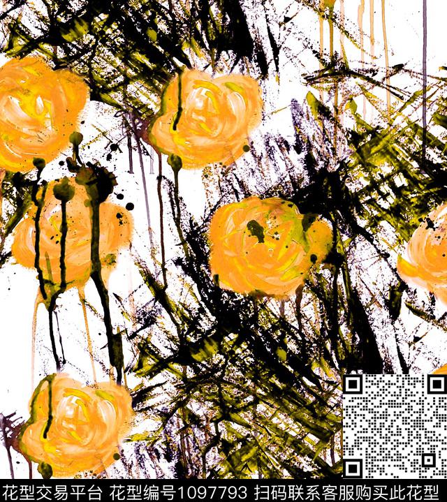 数码华亿平台手绘玫瑰大牌风数码印花华亿平台下载（图片编号: 1097793） - 瓦栏（Walan）