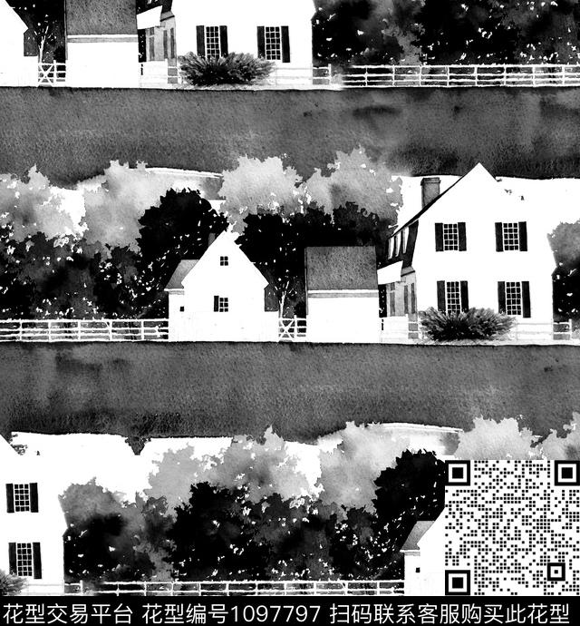 国画建筑水彩花卉数码印花华亿平台下载（图片编号: 1097797） - 瓦栏（Walan）