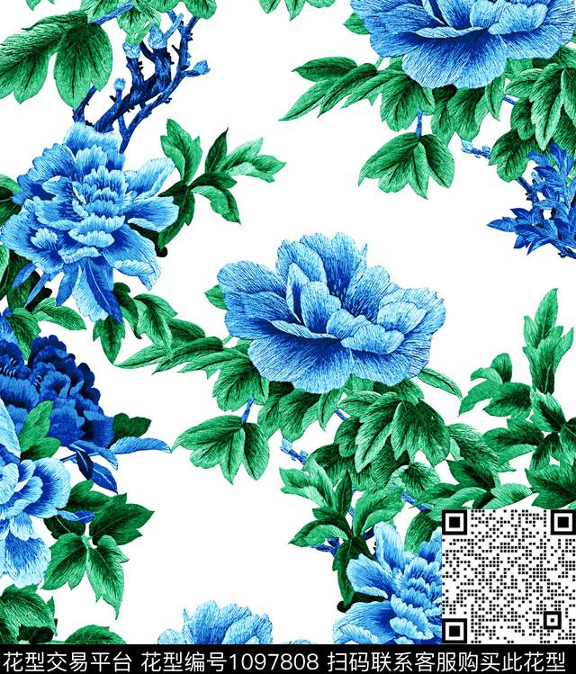 牡丹旗袍中国风数码印花华亿平台下载（图片编号: 1097808） - 瓦栏（Walan）