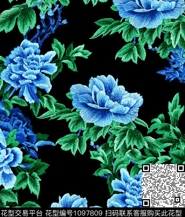 牡丹旗袍中国风数码印花华亿平台下载（图片编号: 1097809） - 瓦栏（Walan）