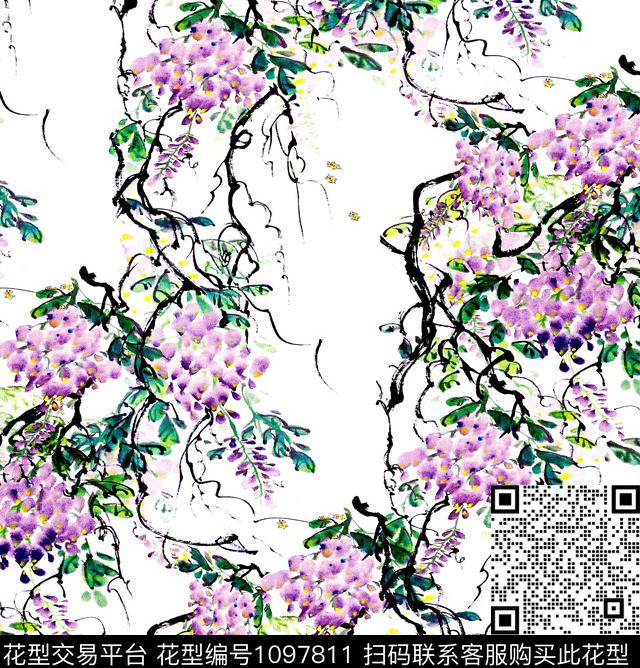 水彩花卉紫藤花手绘花卉数码印花华亿平台下载（图片编号: 1097811） - 瓦栏（Walan）