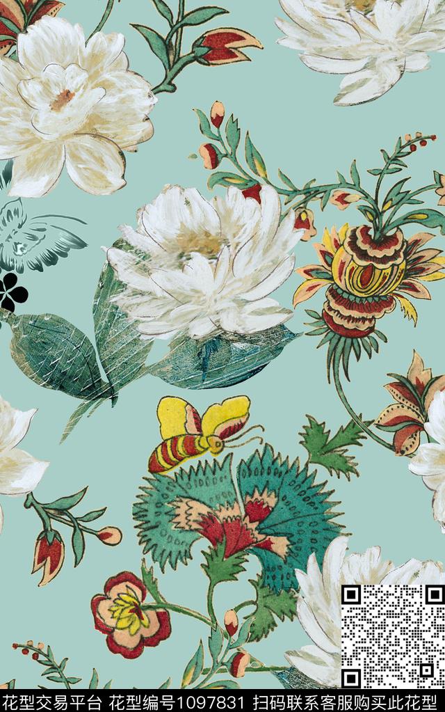素雅白花蝴蝶数码印花华亿平台下载（图片编号: 1097831） - 瓦栏（Walan）