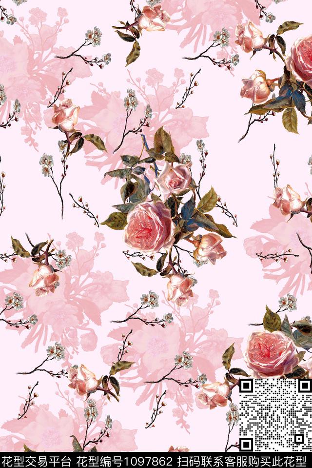 花卉女装手绘大花数码印花华亿平台下载（图片编号: 1097862） - 瓦栏（Walan）