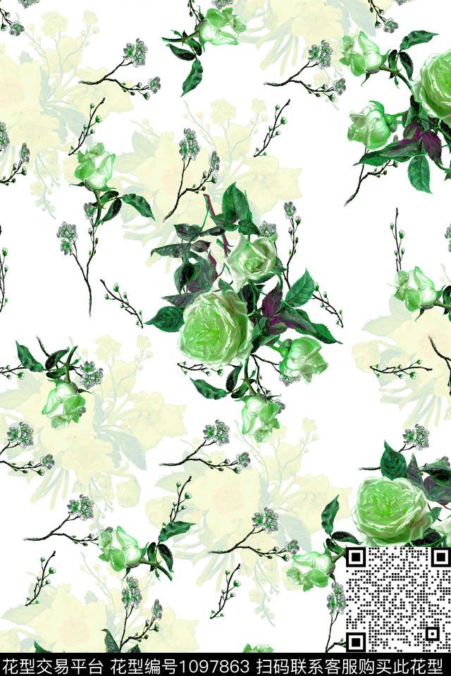 花卉女装手绘大花数码印花华亿平台下载（图片编号: 1097863） - 瓦栏（Walan）