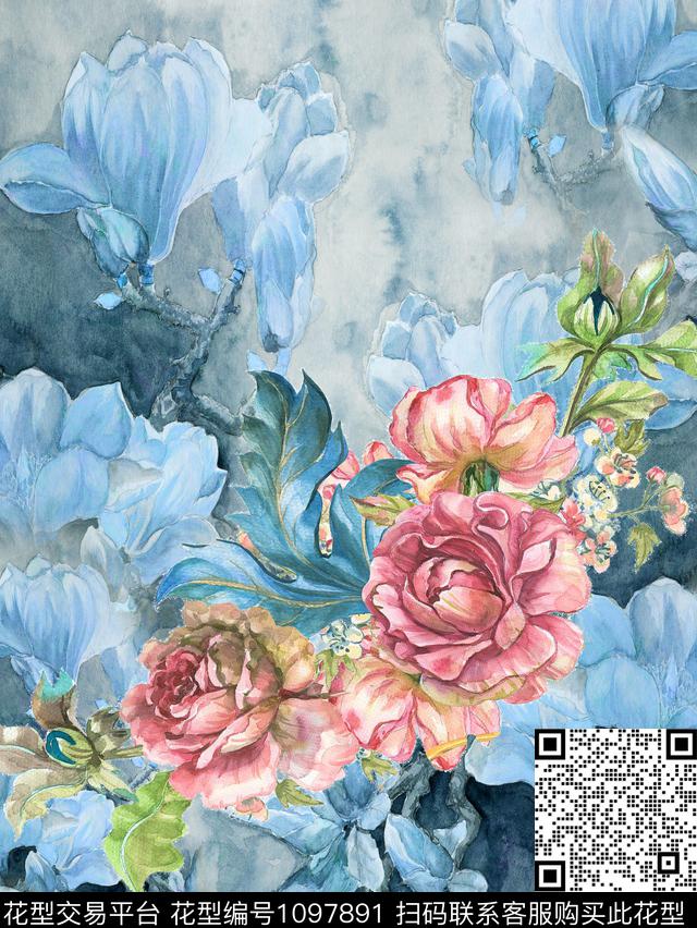 定位花抽象花卉传统印花华亿平台下载（图片编号: 1097891） - 瓦栏（Walan）