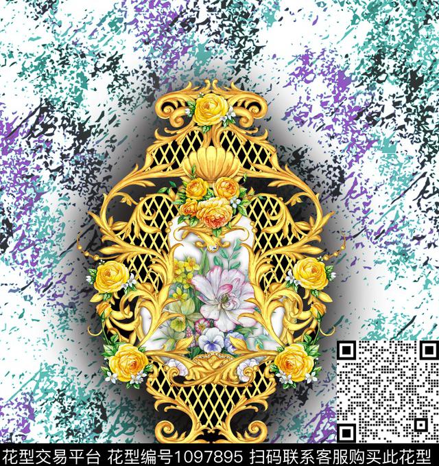 定位花抽象复古传统印花华亿平台下载（图片编号: 1097895） - 瓦栏（Walan）