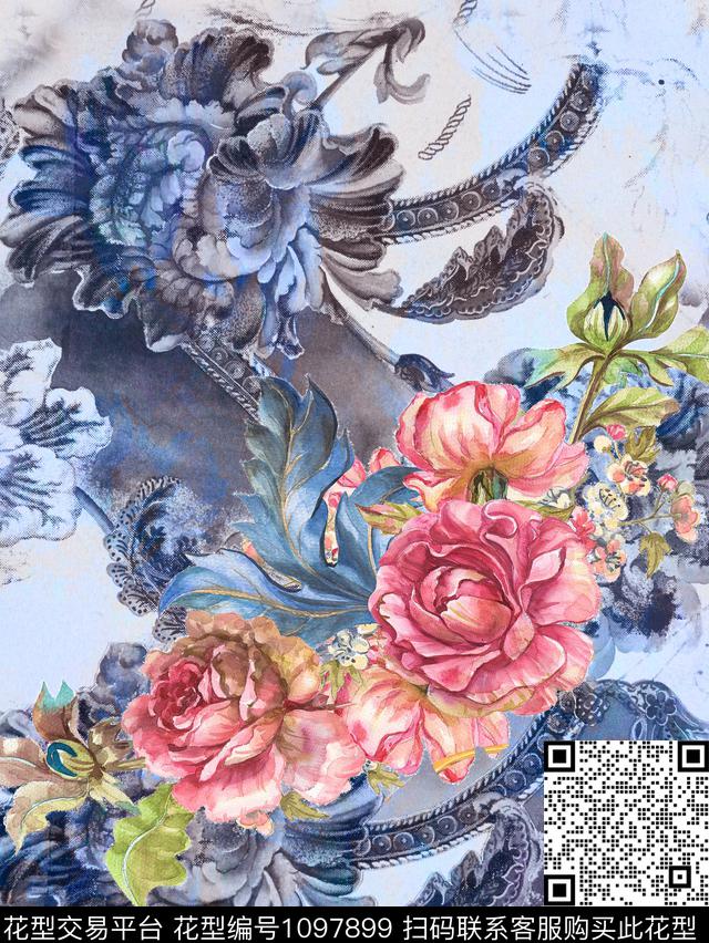 定位花抽象花卉传统印花华亿平台下载（图片编号: 1097899） - 瓦栏（Walan）