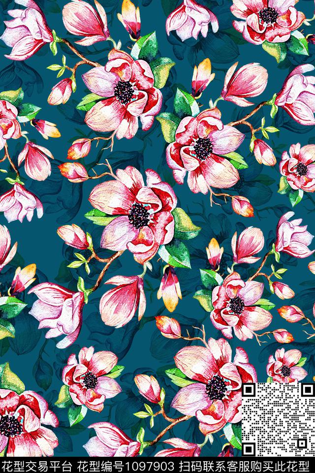 玉兰花水彩花卉女装数码印花华亿平台下载（图片编号: 1097903） - 瓦栏（Walan）