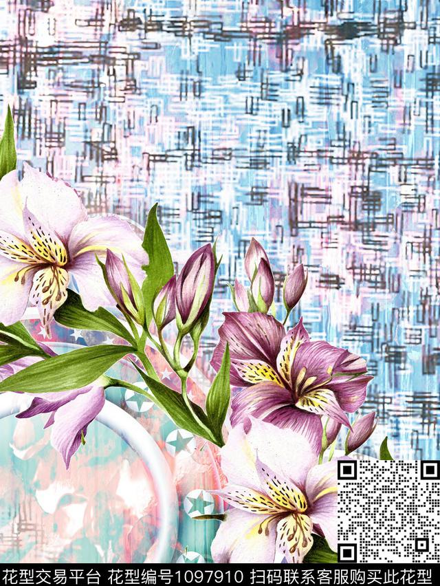 定位花抽象花卉传统印花华亿平台下载（图片编号: 1097910） - 瓦栏（Walan）