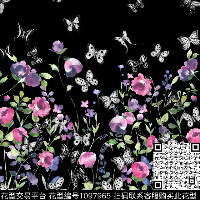 黑底花卉花卉蝴蝶方巾数码印花华亿平台下载（图片编号: 1097965） - 瓦栏（Walan）