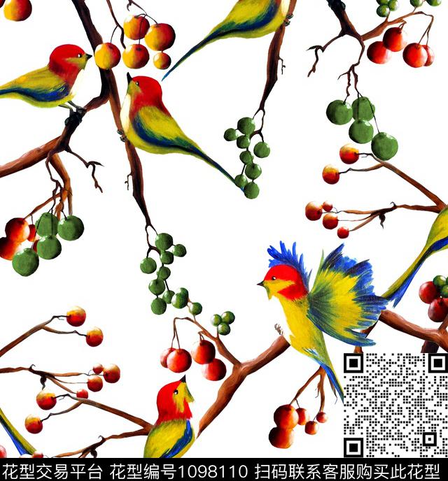 鸟麻雀手绘花卉数码印花华亿平台下载（图片编号: 1098110） - 瓦栏（Walan）