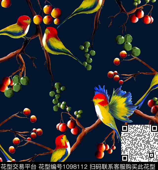 鸟麻雀手绘花卉数码印花华亿平台下载（图片编号: 1098112） - 瓦栏（Walan）
