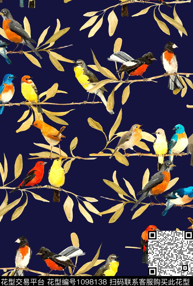 鸟麻雀手绘花卉数码印花华亿平台下载（图片编号: 1098138） - 瓦栏（Walan）