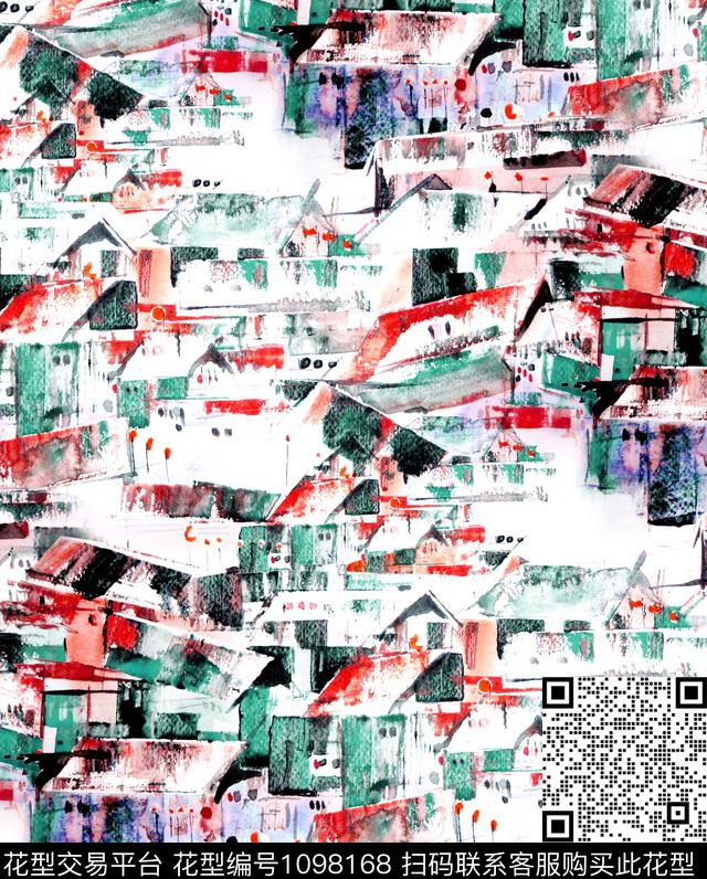 水乡古镇手绘花卉数码印花华亿平台下载（图片编号: 1098168） - 瓦栏（Walan）