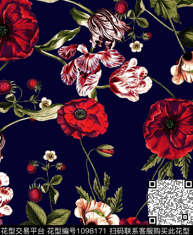郁金香茶花黑底花卉数码印花华亿平台下载（图片编号: 1098171） - 瓦栏（Walan）