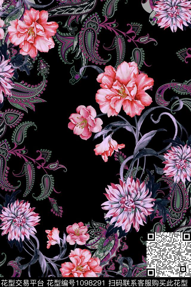 黑底花卉佩斯利手绘花卉数码印花华亿平台下载（图片编号: 1098291） - 瓦栏（Walan）