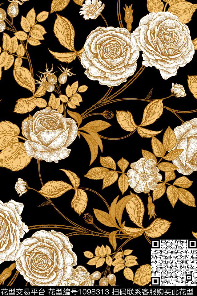 树枝玫瑰花花朵花卉数码印花华亿平台下载（图片编号: 1098313） - 瓦栏（Walan）