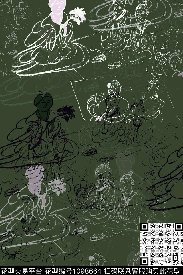 手绘线条笔触签字笔印花素描传统印花华亿平台下载（图片编号: 1098664） - 瓦栏（Walan）