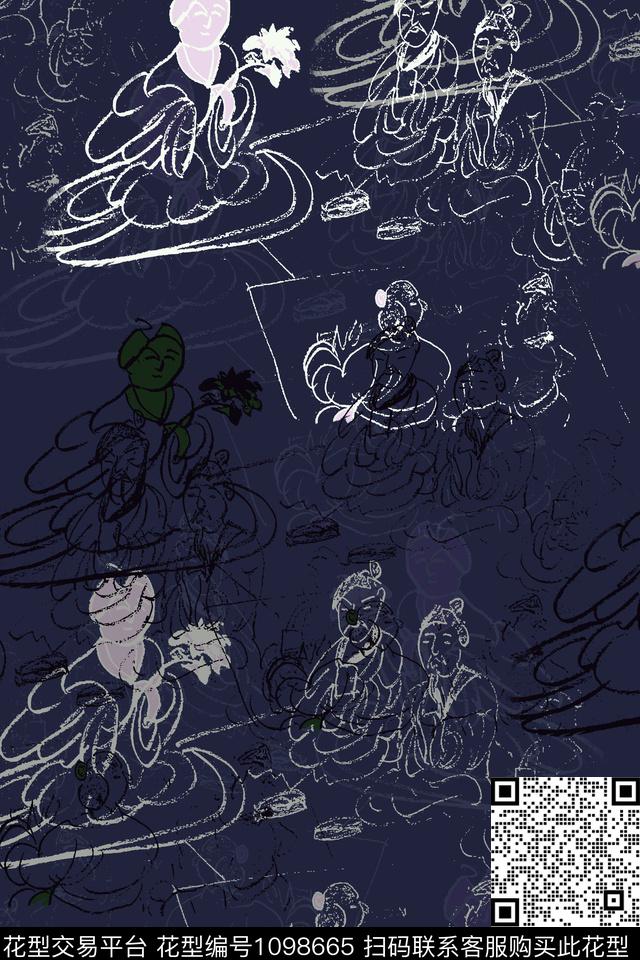 手绘线条笔触签字笔印花素描传统印花华亿平台下载（图片编号: 1098665） - 瓦栏（Walan）