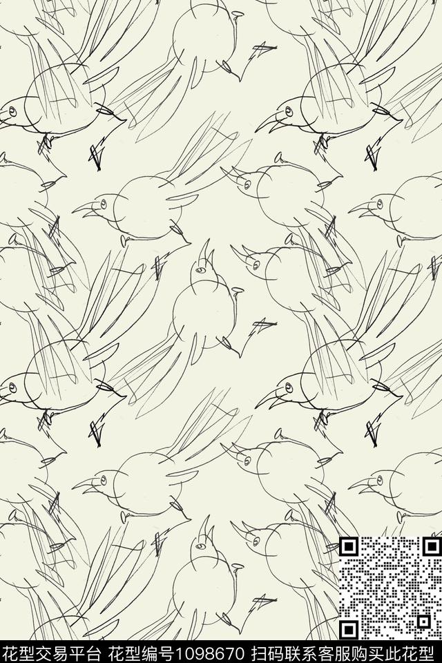 鸟昆虫图案手绘线条笔触签字笔印花传统印花华亿平台下载（图片编号: 1098670） - 瓦栏（Walan）