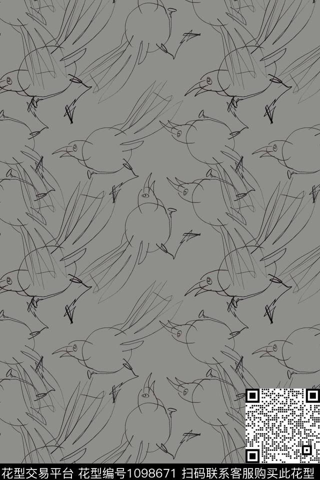 鸟昆虫图案手绘线条笔触签字笔印花传统印花华亿平台下载（图片编号: 1098671） - 瓦栏（Walan）