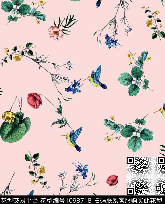 小碎花鸟清新蓝数码印花华亿平台下载（图片编号: 1098718） - 瓦栏（Walan）