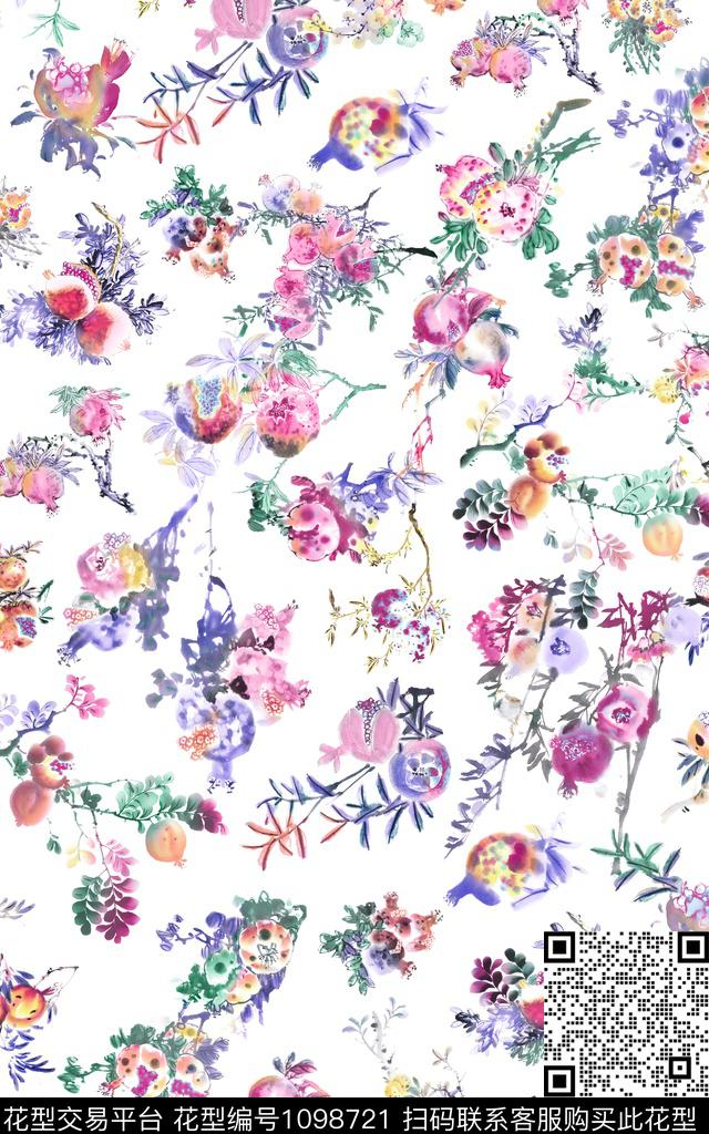 抽象花卉石榴水果传统印花华亿平台下载（图片编号: 1098721） - 瓦栏（Walan）