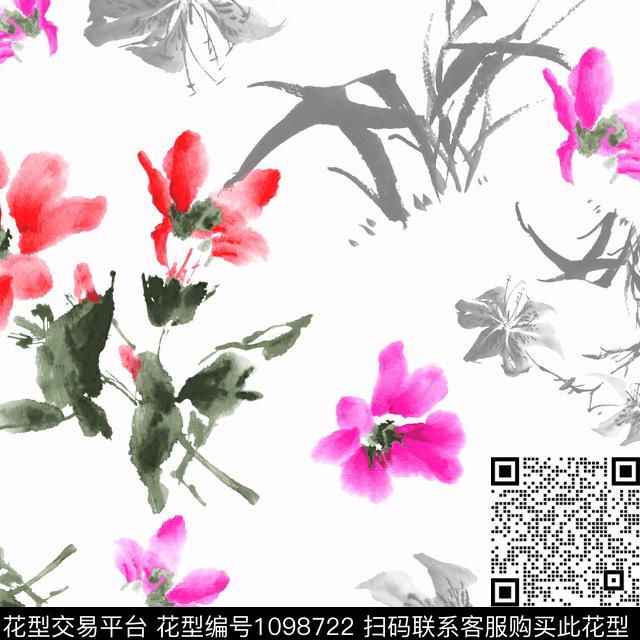 抽象花卉花卉水墨风传统印花华亿平台下载（图片编号: 1098722） - 瓦栏（Walan）