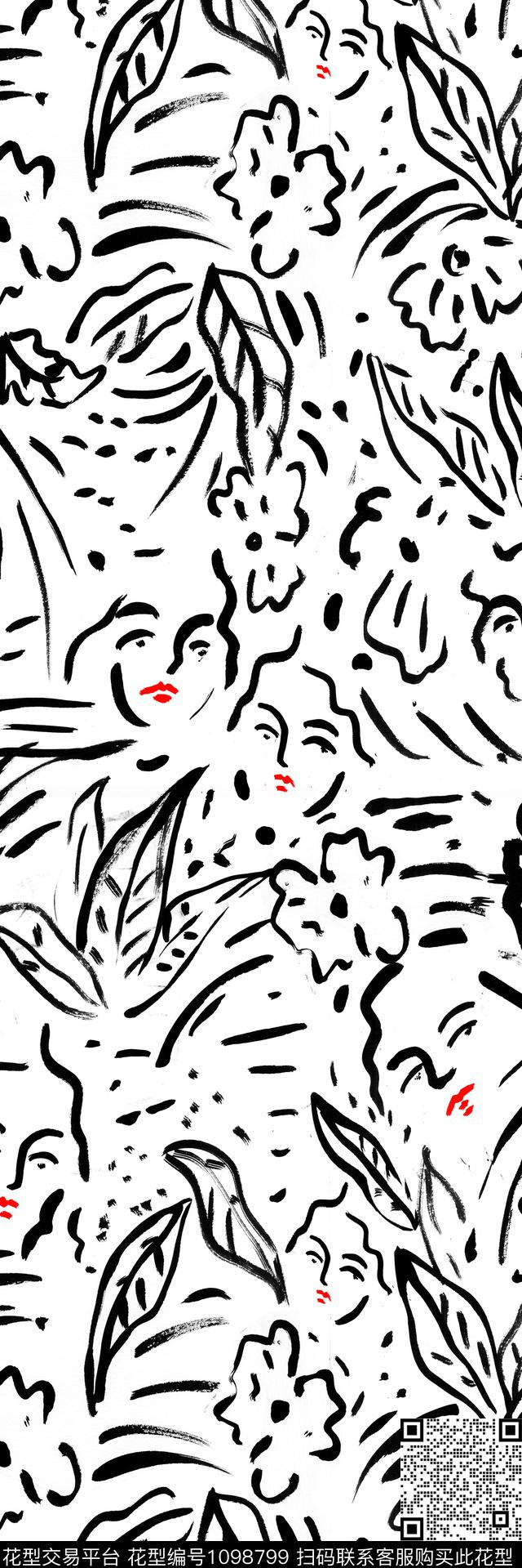 线条人物绿植树叶数码印花华亿平台下载（图片编号: 1098799） - 瓦栏（Walan）
