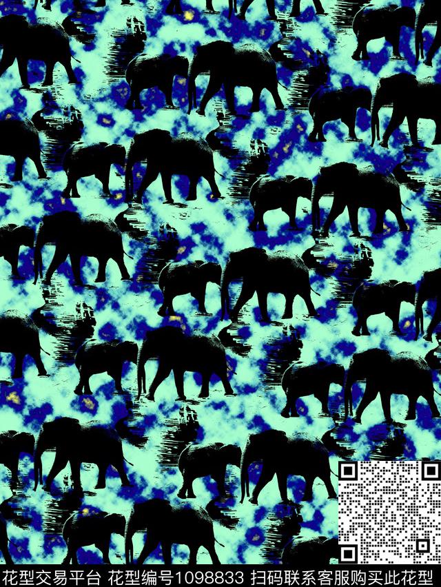 大象剪影颓废图案数码印花华亿平台下载（图片编号: 1098833） - 瓦栏（Walan）