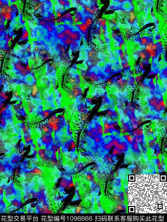 鱼潮风彩色晕染背景数码印花华亿平台下载（图片编号: 1098866） - 瓦栏（Walan）