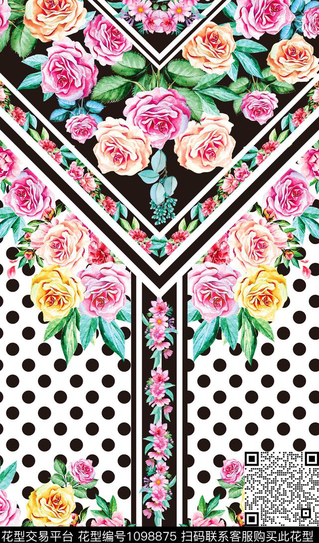 MAX-女装黑白条纹几何波点印花手绘玫瑰拼贴波点定位印花数码印花华亿平台下载（图片编号: 1098875） - 瓦栏（Walan）