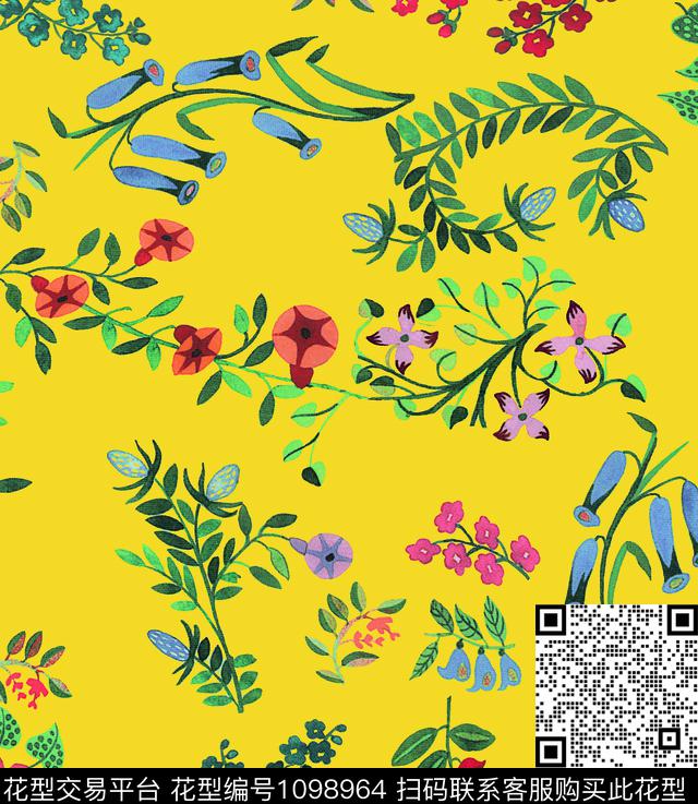 手绘花卉连衣裙定位花数码印花华亿平台下载（图片编号: 1098964） - 瓦栏（Walan）