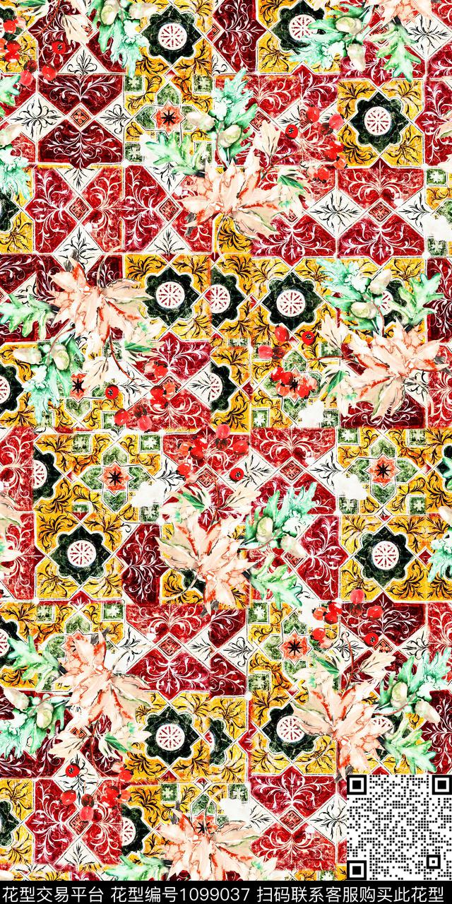 数码华亿平台民族风花卉数码印花华亿平台下载（图片编号: 1099037） - 瓦栏（Walan）