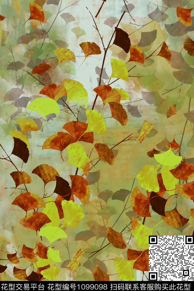 复古银杏叶手绘花卉数码印花华亿平台下载（图片编号: 1099098） - 瓦栏（Walan）