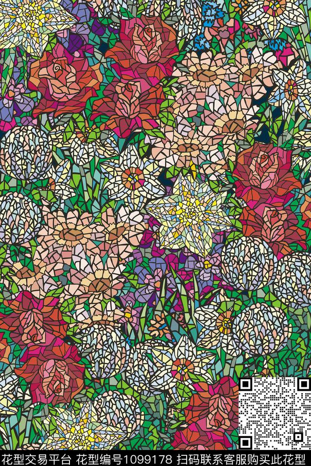 花卉1/2接马赛克数码印花华亿平台下载（图片编号: 1099178） - 瓦栏（Walan）