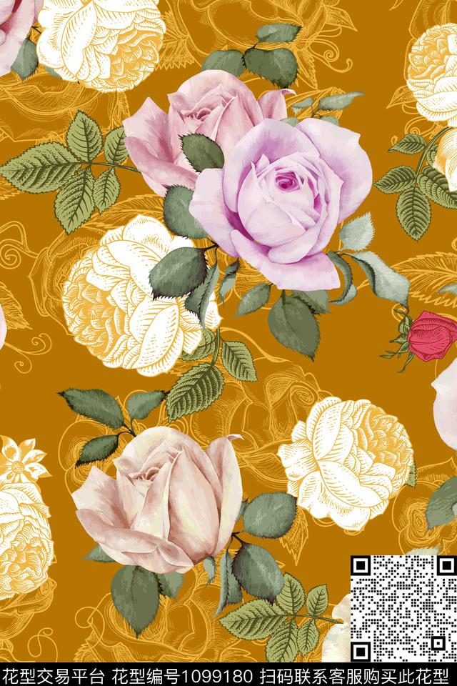 花卉几何1/2接数码印花华亿平台下载（图片编号: 1099180） - 瓦栏（Walan）