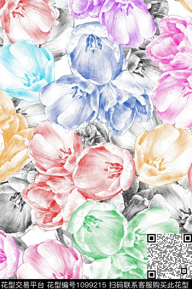 花卉几何1/2接数码印花华亿平台下载（图片编号: 1099215） - 瓦栏（Walan）