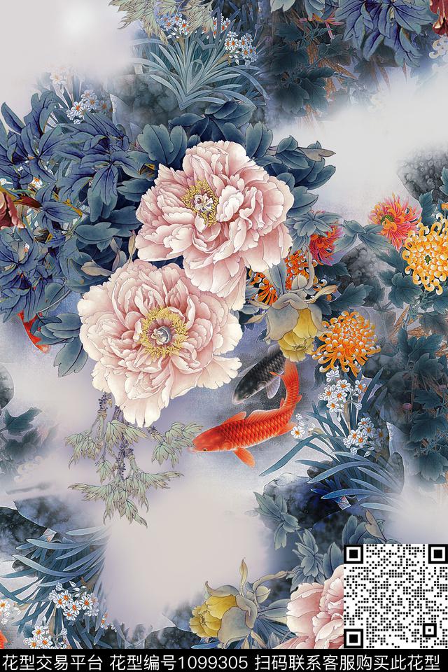 中国风牡丹旗袍数码印花华亿平台下载（图片编号: 1099305） - 瓦栏（Walan）