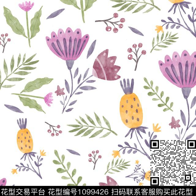抽象水彩花卉复古数码印花华亿平台下载（图片编号: 1099426） - 瓦栏（Walan）
