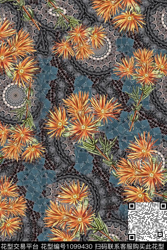 花卉数码华亿平台复古数码印花华亿平台下载（图片编号: 1099430） - 瓦栏（Walan）