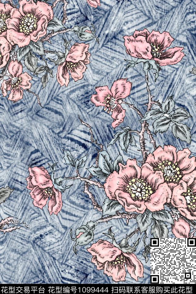 花卉复古大牌风数码印花华亿平台下载（图片编号: 1099444） - 瓦栏（Walan）