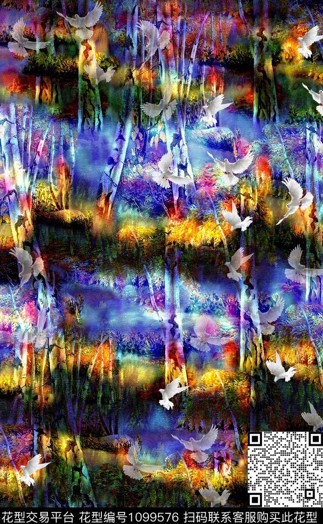 男装鸟/昆虫树林数码印花华亿平台下载（图片编号: 1099576） - 瓦栏（Walan）
