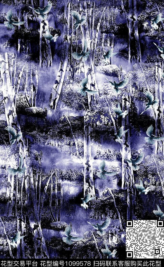 男装鸟/昆虫树林数码印花华亿平台下载（图片编号: 1099578） - 瓦栏（Walan）