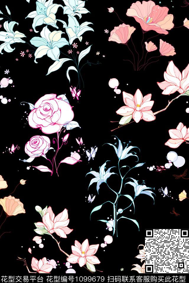 手绘花卉清爽底花卉线条数码印花华亿平台下载（图片编号: 1099679） - 瓦栏（Walan）