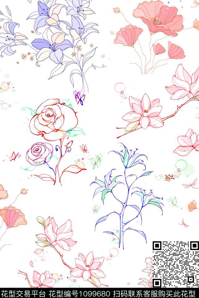 手绘花卉清爽底花卉线条数码印花华亿平台下载（图片编号: 1099680） - 瓦栏（Walan）
