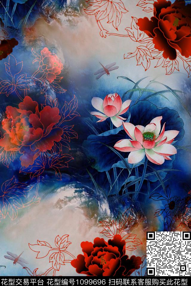 旗袍荷花复古数码印花华亿平台下载（图片编号: 1099696） - 瓦栏（Walan）